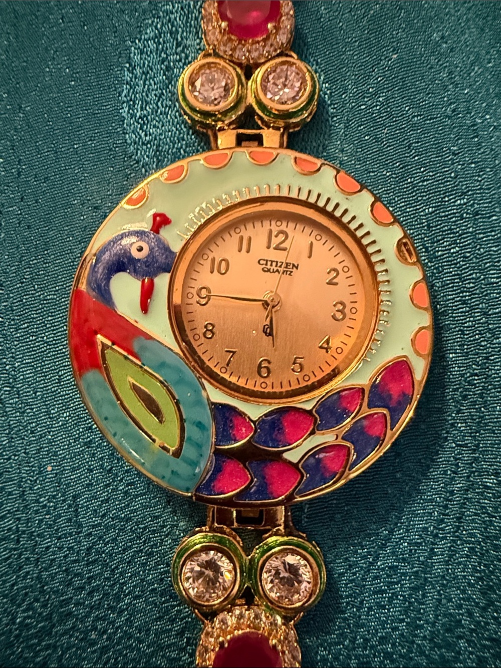 Citizen Enamel Peacock Motif Bracelet Watch - Turquoise, Pink, Blue, Gold